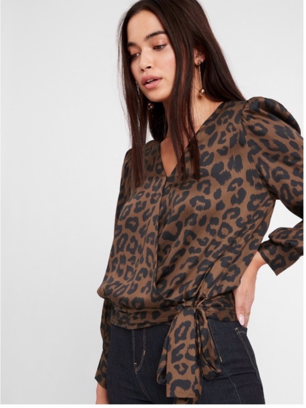 Banana Republic Black Leopard Black Puff Long Sleeve Wrap Top